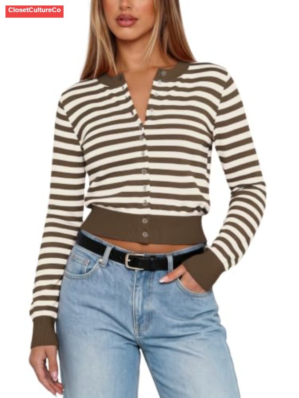 Cropped Cardigan Sweater Women Striped Ribbed Knit Long Sleeve Button